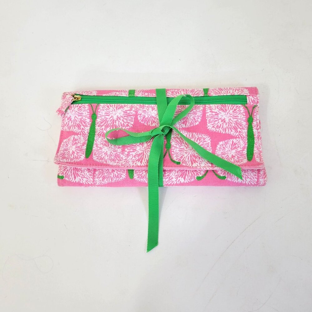Lilly Pulitzer Pink & Green Travel Jewelry Roll Case With Zippered Pockets